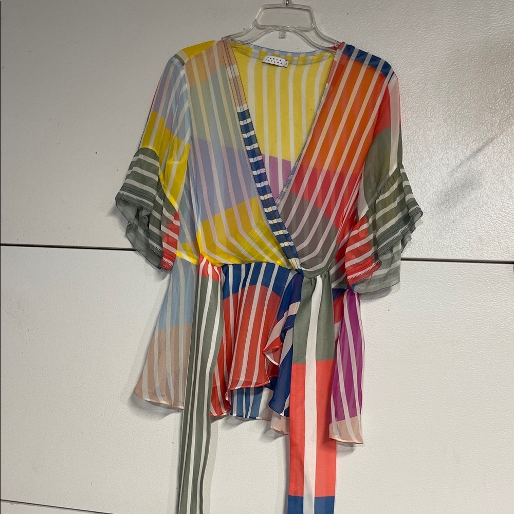TANYA TAYLOR WOMENS SILK WRAP TOP BLOUSE SHEER MULTICOLOR - Picture 2 of 4